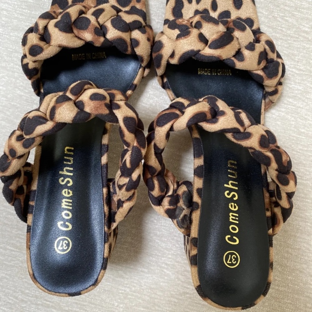 Women’s Low Block Sandals Heels Mules Braided Square Toe Shoes Leopard Size 7 - Picture 7 of 8